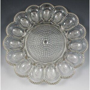 Vintage Indiana Pressed Glass Hobnail Clear Beaded Deviled Egg & Relish Tray